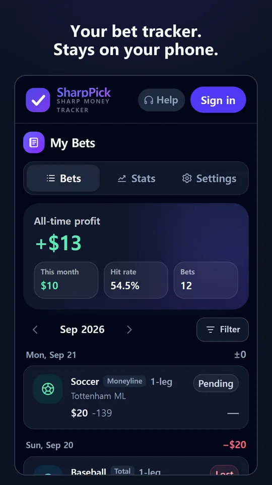 SharpPick My Bets screen — total profit, this month, hit rate and a list of logged bets