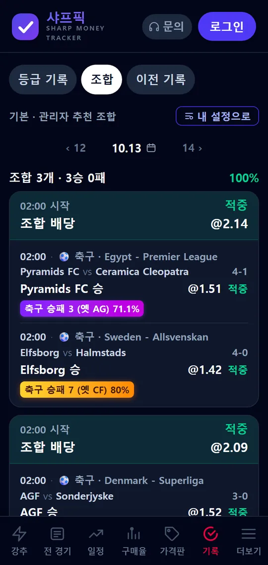 샤프픽 조합 기록 — 2폴더 조합 배당과 다리별 결과